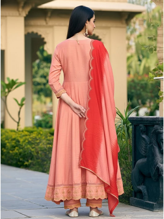 Ladies Smart Choice Peach Pink Embroidered Anarkali Suit Set