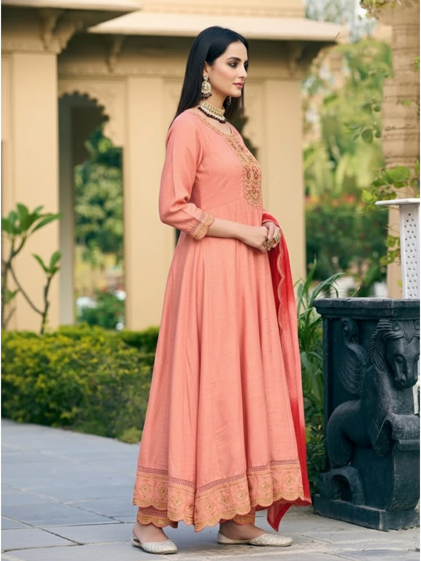 Ladies Smart Choice Peach Pink Embroidered Anarkali Suit Set