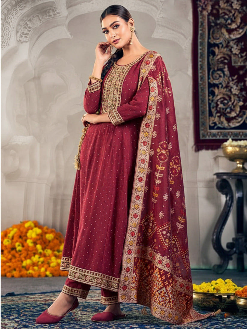 Ladies Smart Choice Maroon Festive Anarkali Suit with Designer Dupatta