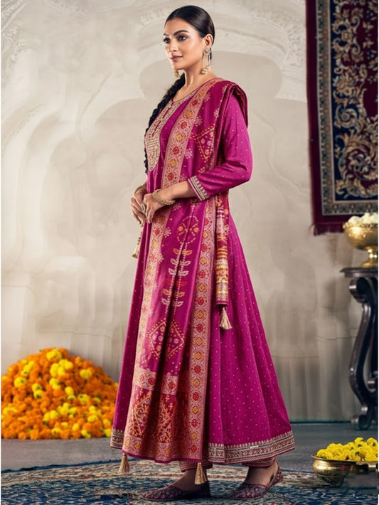 Ladies Smart Choice Royal Wine Embroidered Anarkali Suit Set