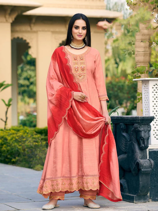 Ladies Smart Choice Peach Pink Embroidered Anarkali Suit Set