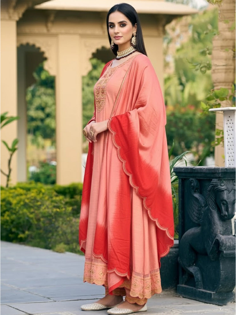 Ladies Smart Choice Peach Pink Embroidered Anarkali Suit Set