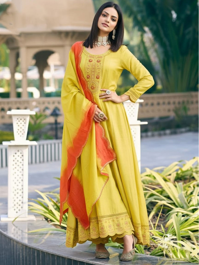 Ladies Smart Choice Mustard Yellow Festive Anarkali Suit Set