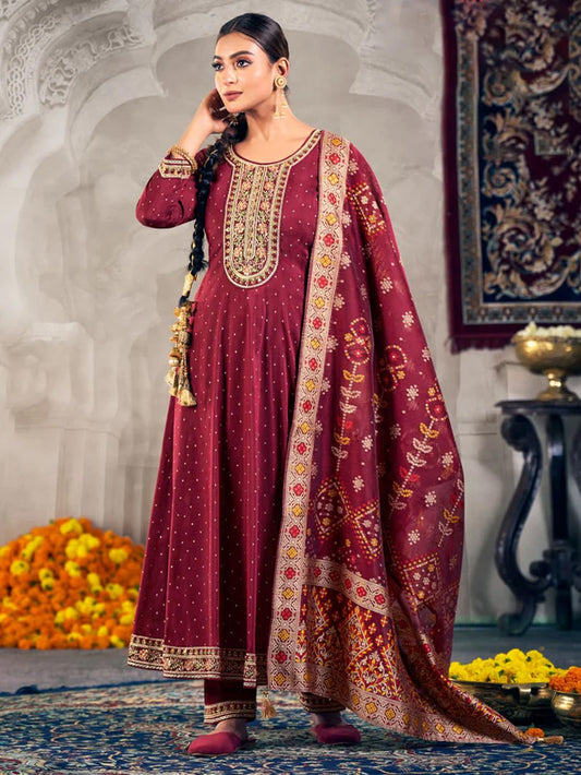 Ladies Smart Choice Maroon Festive Anarkali Suit with Designer Dupatta