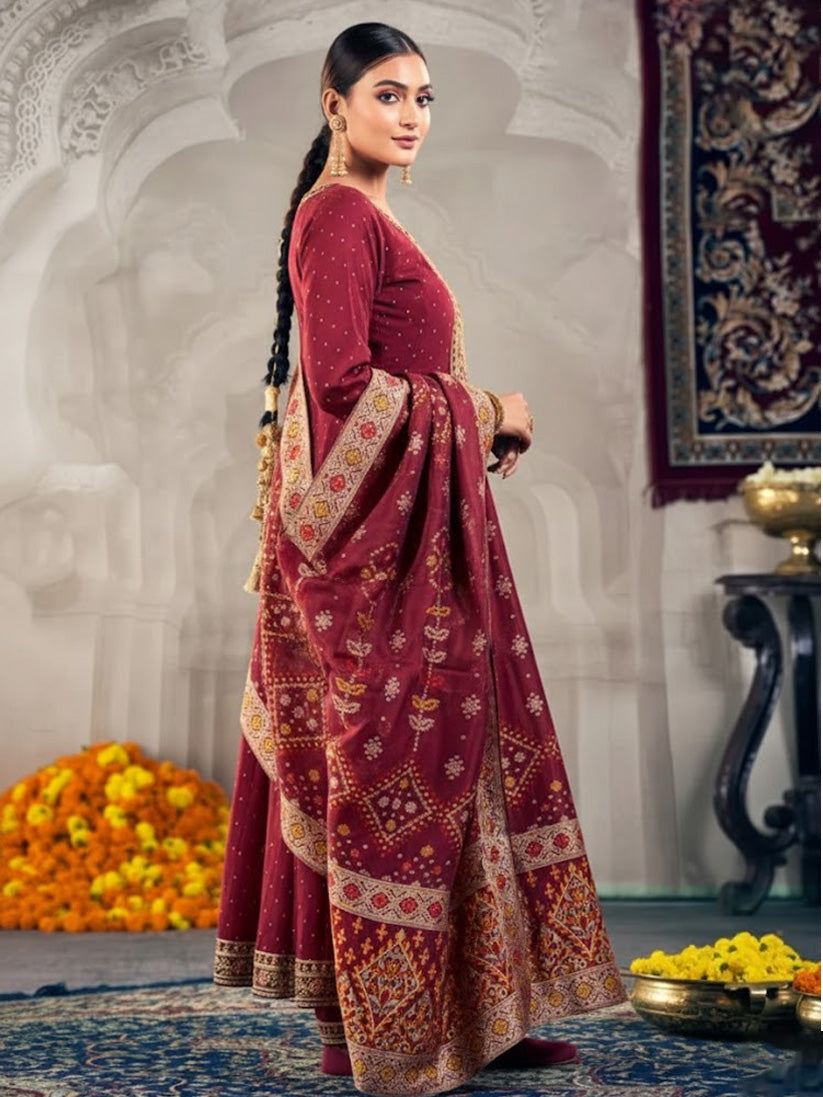 Ladies Smart Choice Maroon Festive Anarkali Suit with Designer Dupatta
