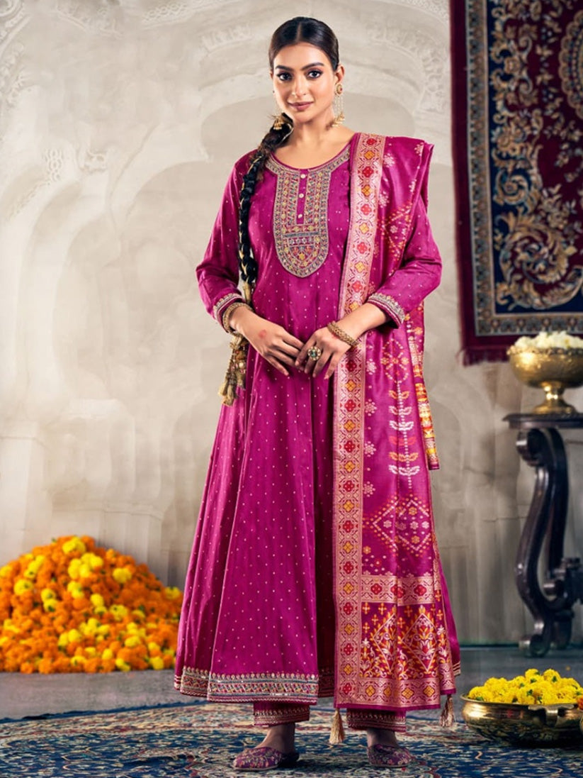 Ladies Smart Choice Royal Wine Embroidered Anarkali Suit Set